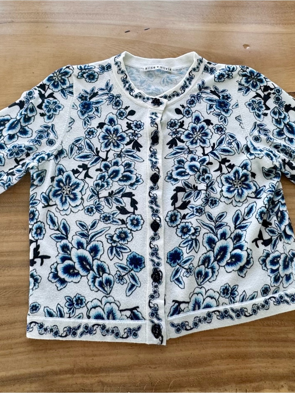 Alice + Olivia White Cardigan with Blue Floral Embroidery